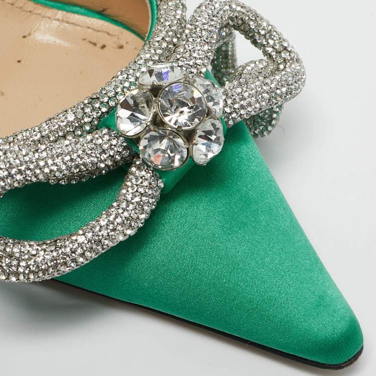 Pre Owned Mach & Mach Green Satin Double Bow Crystal Embellished Ankle Strap Pumps Size 35.5