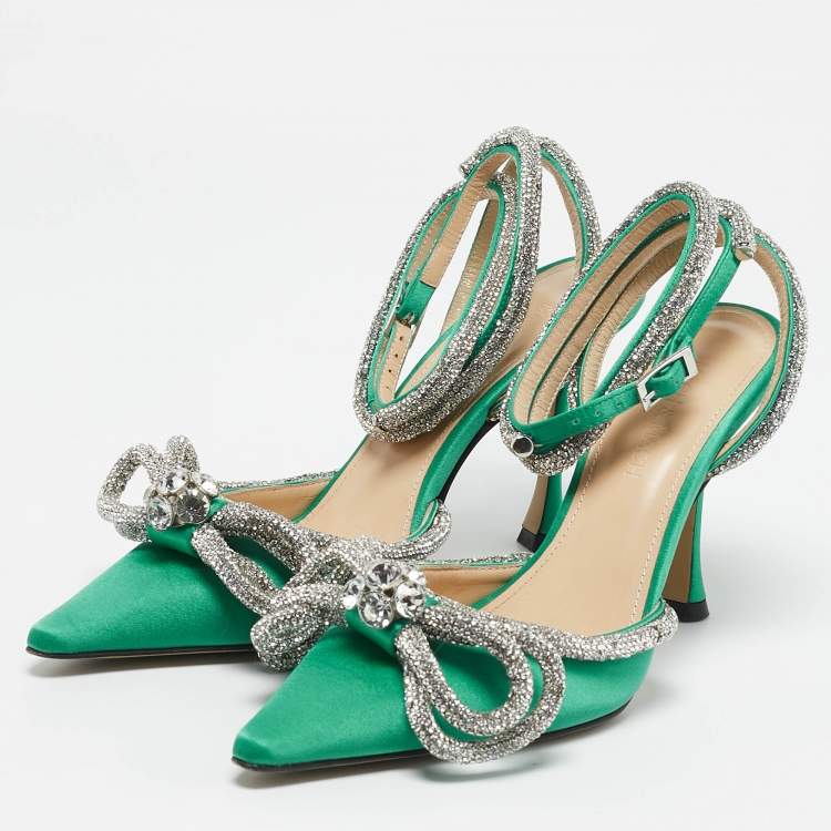 Pre Owned Mach & Mach Green Satin Double Bow Crystal Embellished Ankle Strap Pumps Size 35.5