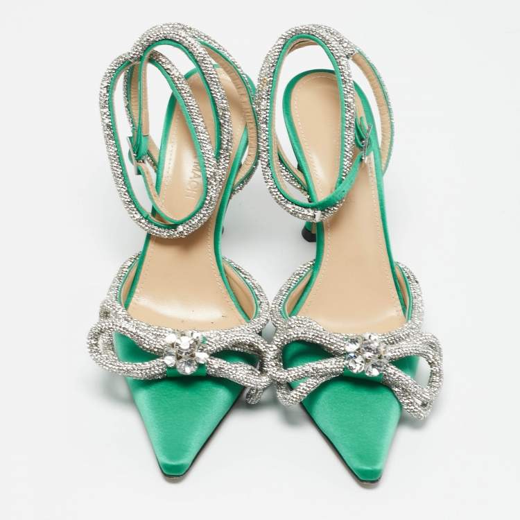 Pre Owned Mach & Mach Green Satin Double Bow Crystal Embellished Ankle Strap Pumps Size 35.5
