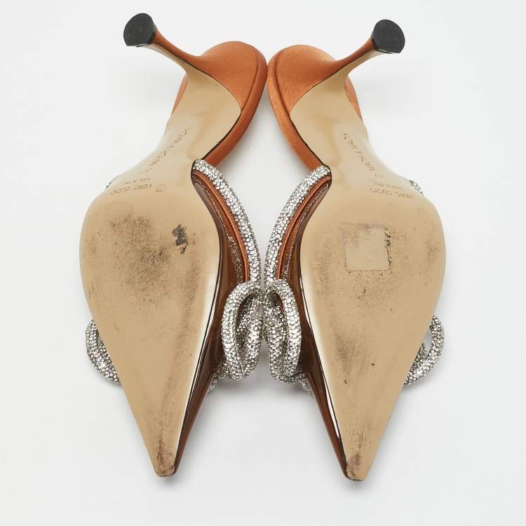 Pre Owned Mach & Mach Brown PVC Crystal Embellished Double Bow Mules Size 37