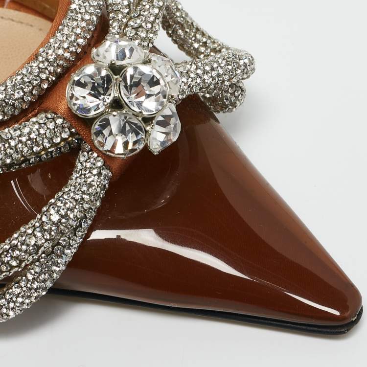 Pre Owned Mach & Mach Brown PVC Crystal Embellished Double Bow Mules Size 37