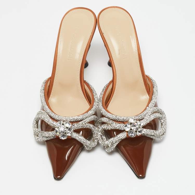 Pre Owned Mach & Mach Brown PVC Crystal Embellished Double Bow Mules Size 37
