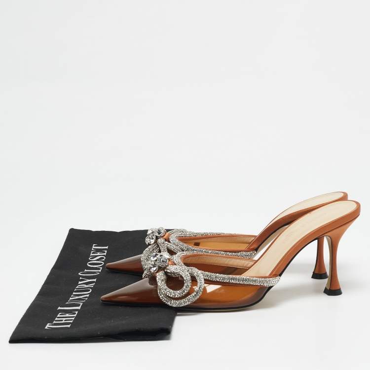 Pre Owned Mach & Mach Brown PVC Crystal Embellished Double Bow Mules Size 37