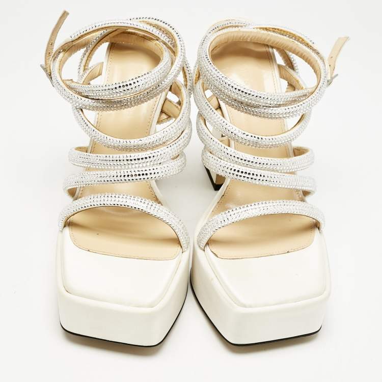 Pre Owned Mach & Mach White Satin Sydney  Embellished Platform Sandals Size 38.5