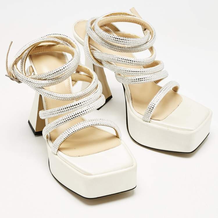 Pre Owned Mach & Mach White Satin Sydney  Embellished Platform Sandals Size 38.5