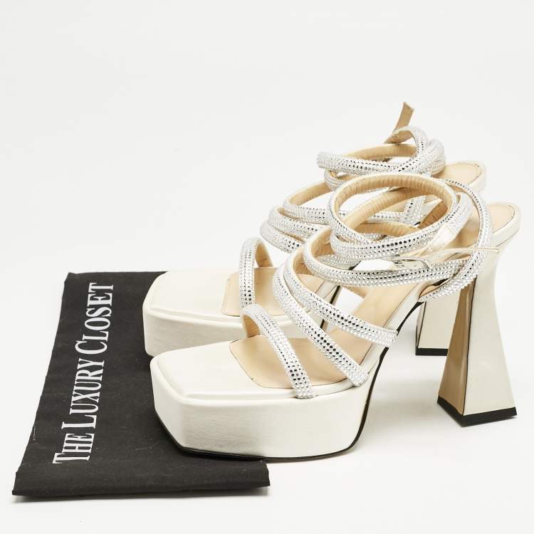 Pre Owned Mach & Mach White Satin Sydney  Embellished Platform Sandals Size 38.5
