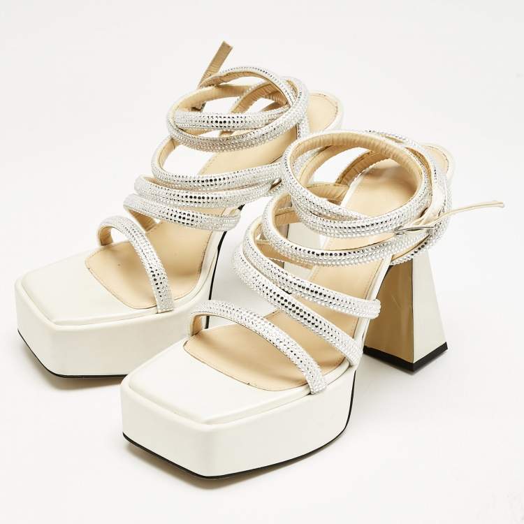 Pre Owned Mach & Mach White Satin Sydney  Embellished Platform Sandals Size 38.5