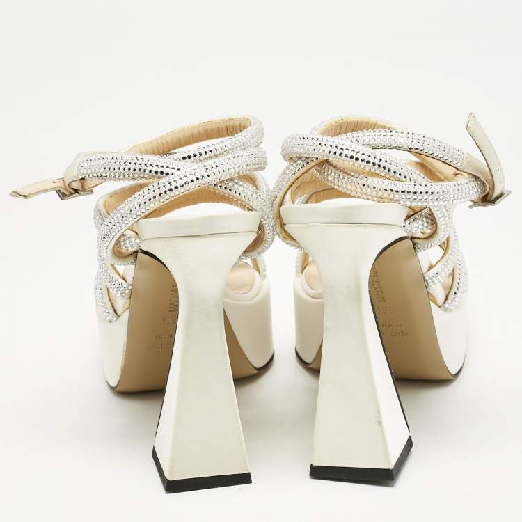 Pre Owned Mach & Mach White Satin Sydney  Embellished Platform Sandals Size 38.5