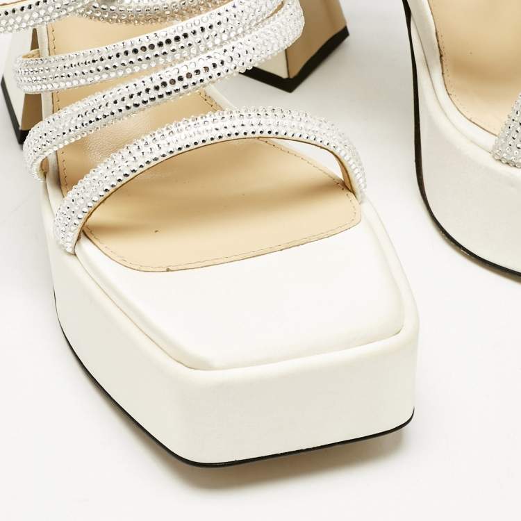 Pre Owned Mach & Mach White Satin Sydney  Embellished Platform Sandals Size 38.5