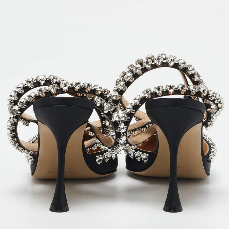 Pre Owned Mach & Mach Black Satin Heart Crystal Embellished Audrey Pumps Size 39