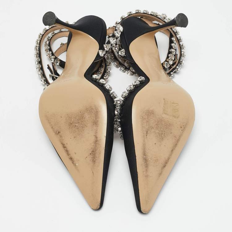 Pre Owned Mach & Mach Black Satin Heart Crystal Embellished Audrey Pumps Size 39