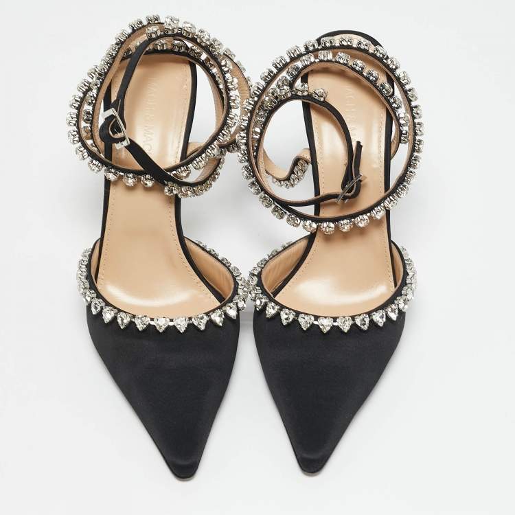 Pre Owned Mach & Mach Black Satin Heart Crystal Embellished Audrey Pumps Size 39