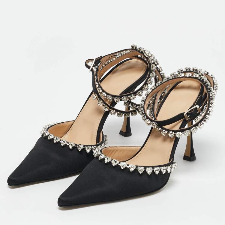 Pre Owned Mach & Mach Black Satin Heart Crystal Embellished Audrey Pumps Size 39