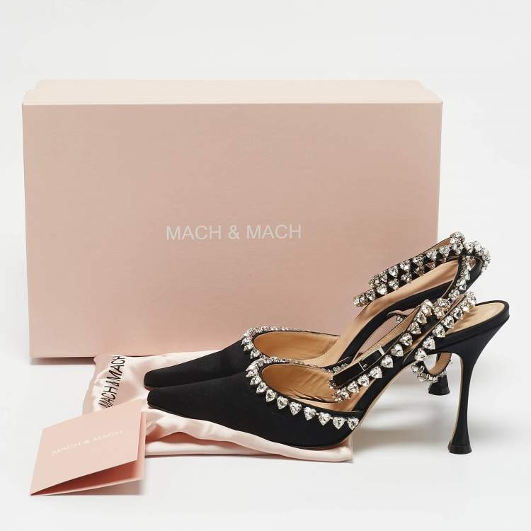 Pre Owned Mach & Mach Black Satin Heart Crystal Embellished Audrey Pumps Size 39