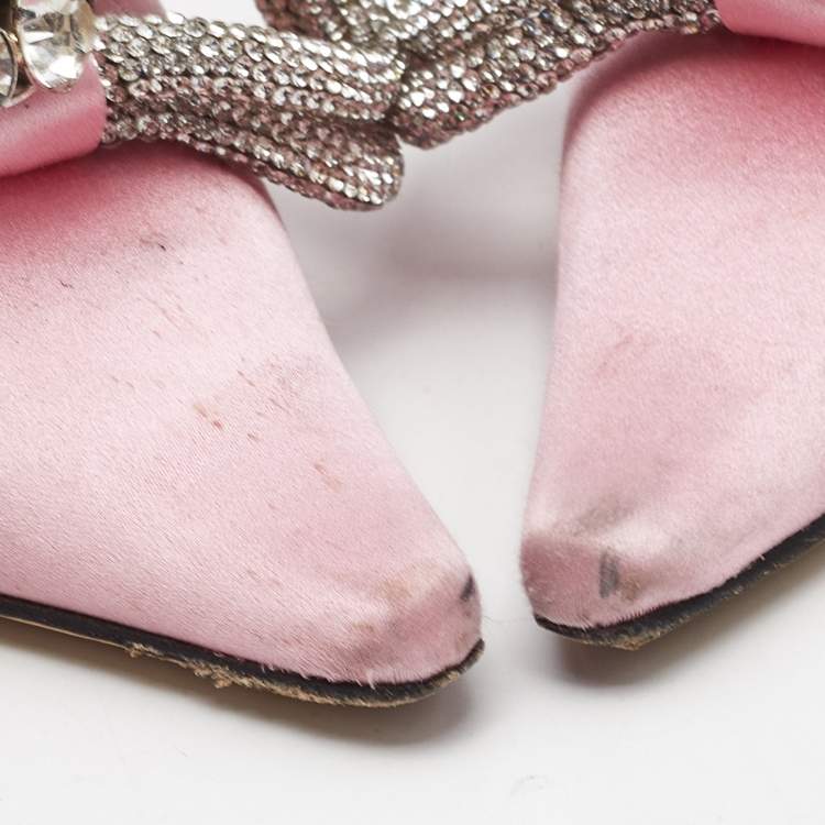 Pre Owned Mach & Mach Light Pink/Silver Satin Double Bow Crystal Embellished Pumps Size 38.5
