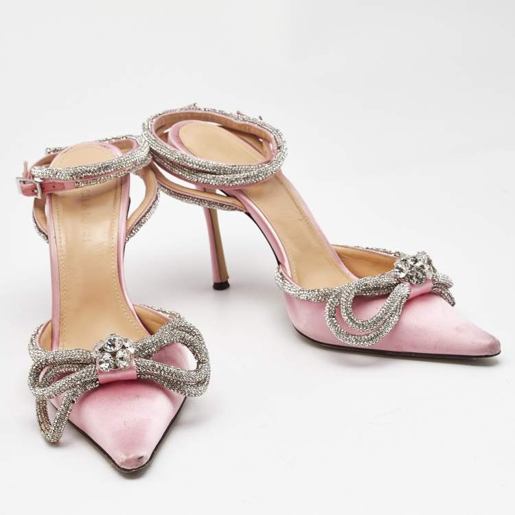 Pre Owned Mach & Mach Light Pink/Silver Satin Double Bow Crystal Embellished Pumps Size 38.5