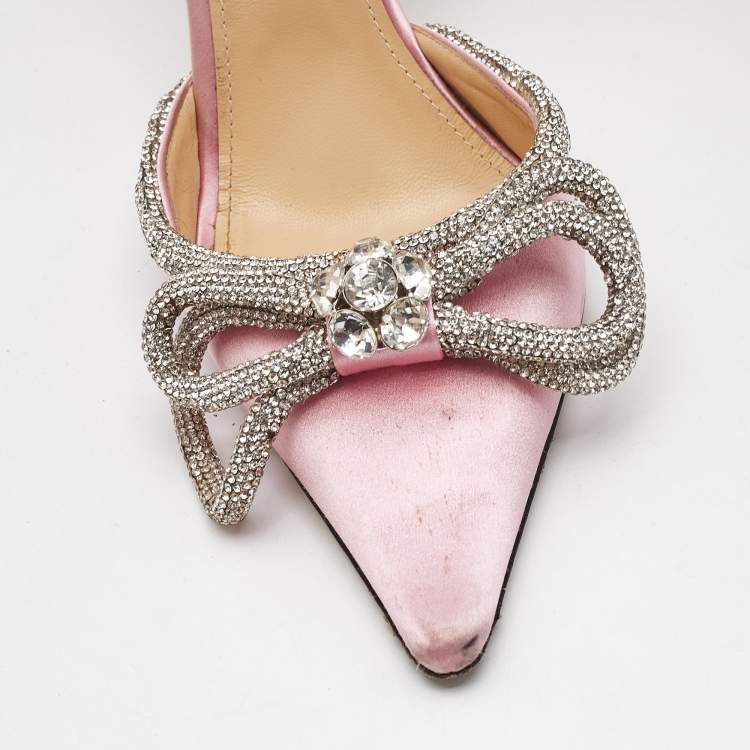 Pre Owned Mach & Mach Light Pink/Silver Satin Double Bow Crystal Embellished Pumps Size 38.5