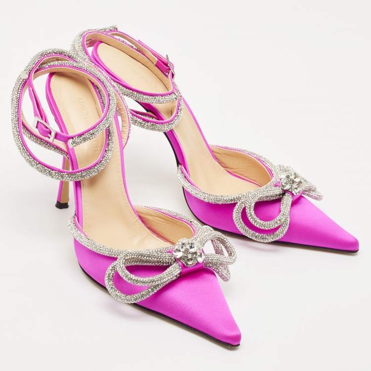 Pre Owned Mach & Mach Fuchsia Satin Double Bow Crystal Embellished Pumps Size 41