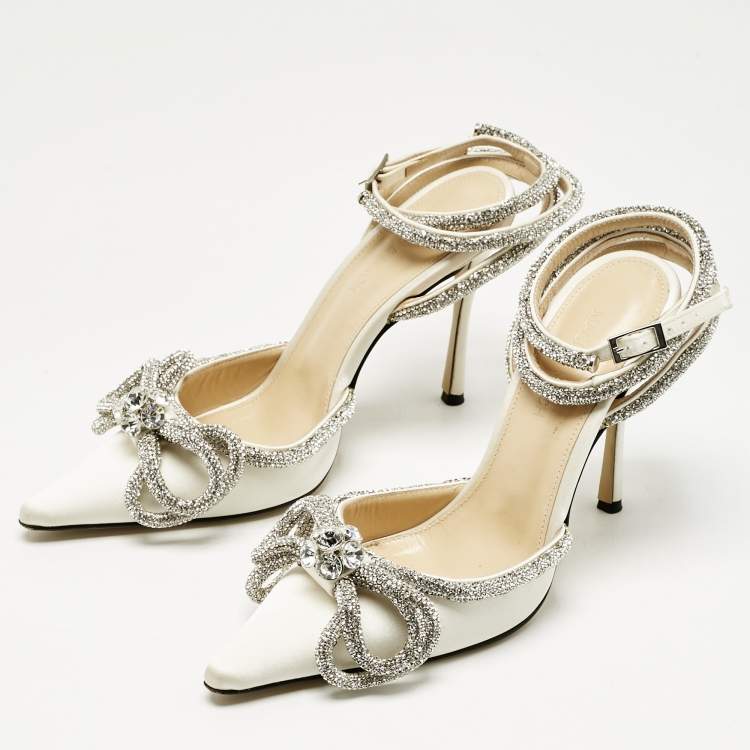 Pre Owned Mach & Mach White Satin Double Bow Crystal Embellished Pumps Size 37