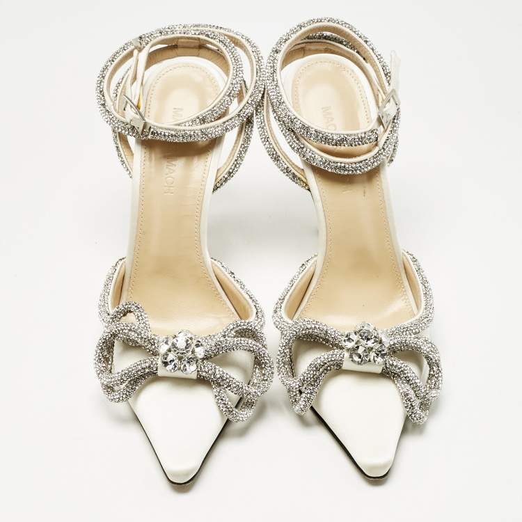Pre Owned Mach & Mach White Satin Double Bow Crystal Embellished Pumps Size 37