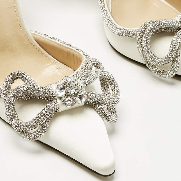 Pre Owned Mach & Mach White Satin Double Bow Crystal Embellished Pumps Size 37