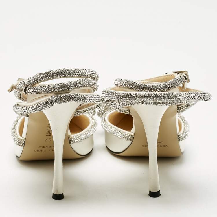 Pre Owned Mach & Mach White Satin Double Bow Crystal Embellished Pumps Size 37