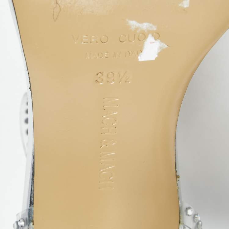 Pre Owned Mach & Mach Silver Leather and PVC Crystal Embellished Ankle Strap Sandals Size 39.5
