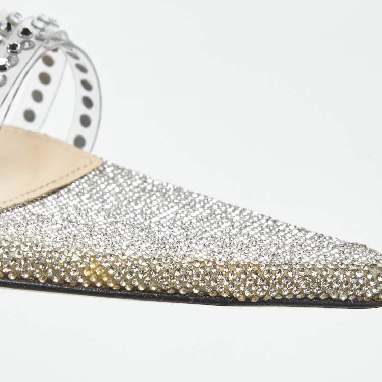 Pre Owned Mach & Mach Silver Leather and PVC Crystal Embellished Ankle Strap Sandals Size 39.5