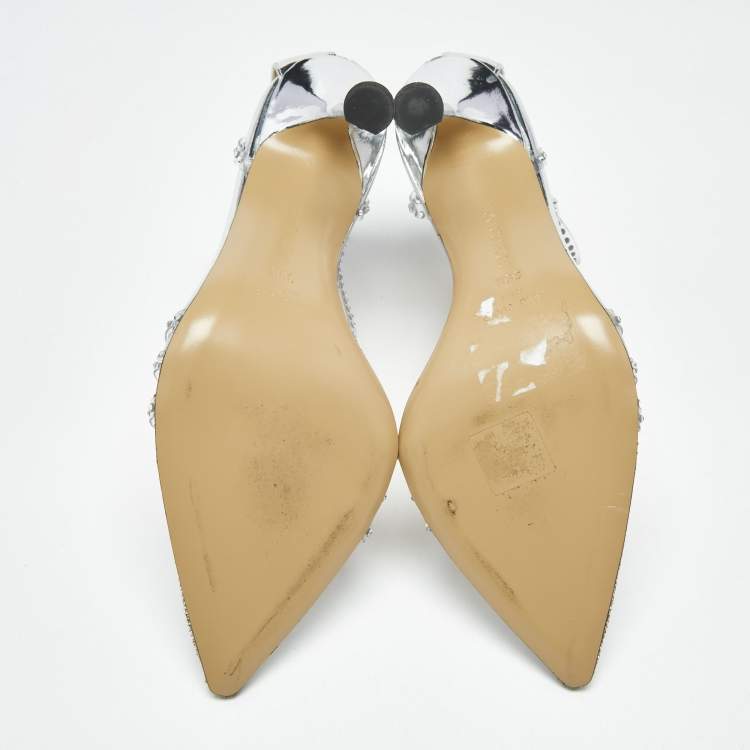 Pre Owned Mach & Mach Silver Leather and PVC Crystal Embellished Ankle Strap Sandals Size 39.5
