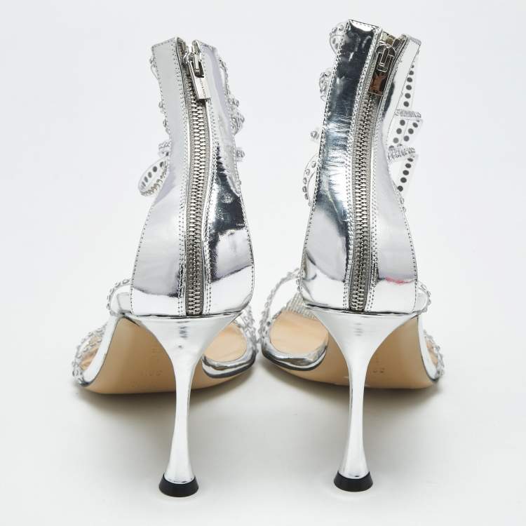 Pre Owned Mach & Mach Silver Leather and PVC Crystal Embellished Ankle Strap Sandals Size 39.5