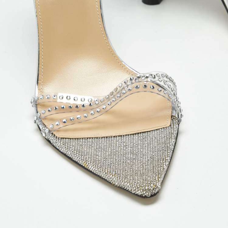 Pre Owned Mach & Mach Silver Leather and PVC Crystal Embellished Ankle Strap Sandals Size 39.5