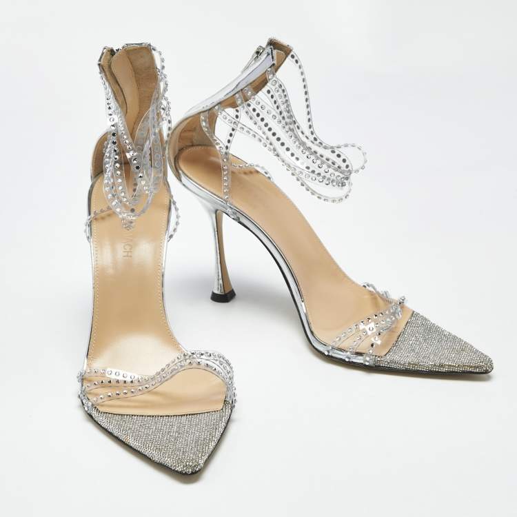 Pre Owned Mach & Mach Silver Leather and PVC Crystal Embellished Ankle Strap Sandals Size 39.5
