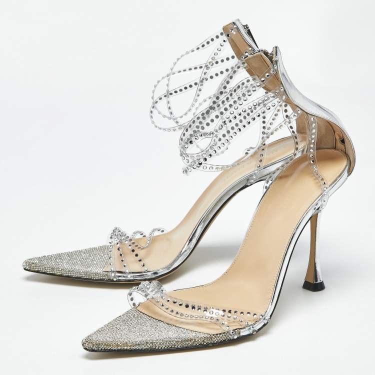 Pre Owned Mach & Mach Silver Leather and PVC Crystal Embellished Ankle Strap Sandals Size 39.5