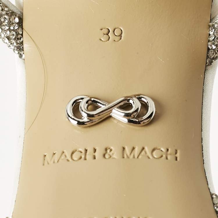 Pre Owned Mach & Mach White Satin Double Bow Crystal Embellished Ankle Wrap Pumps Size 39