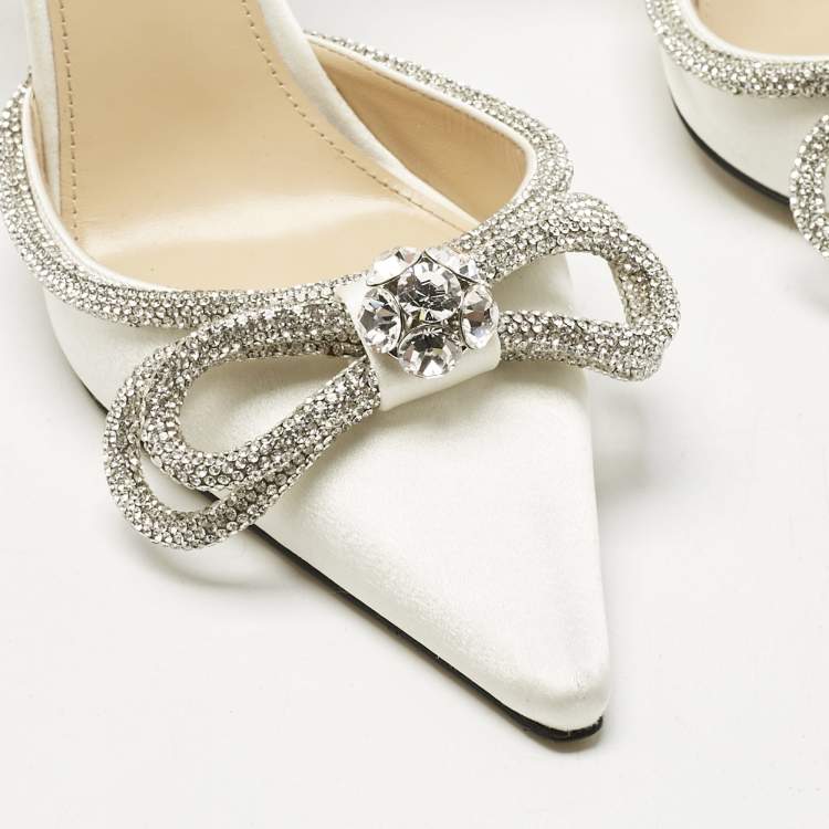 Pre Owned Mach & Mach White Satin Double Bow Crystal Embellished Ankle Wrap Pumps Size 39