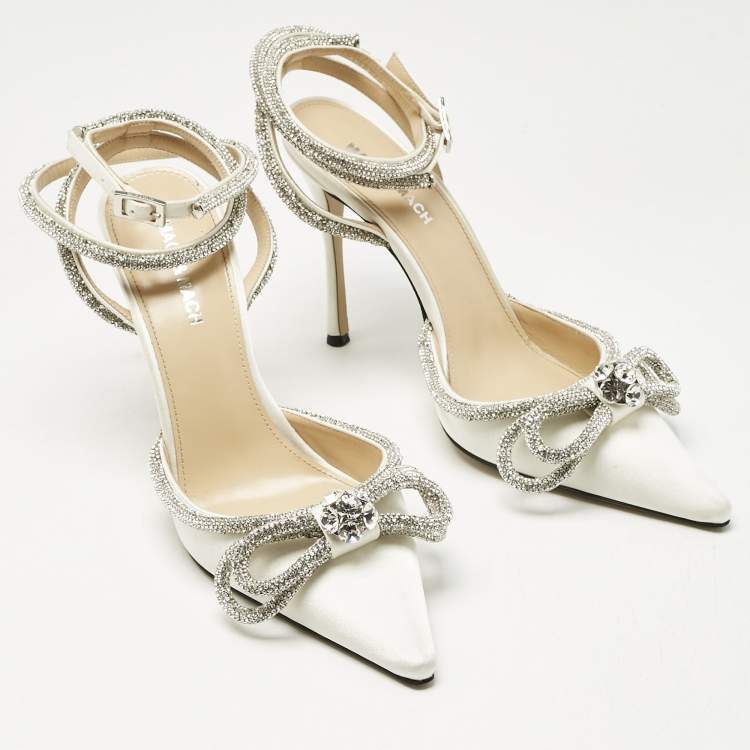 Pre Owned Mach & Mach White Satin Double Bow Crystal Embellished Ankle Wrap Pumps Size 39