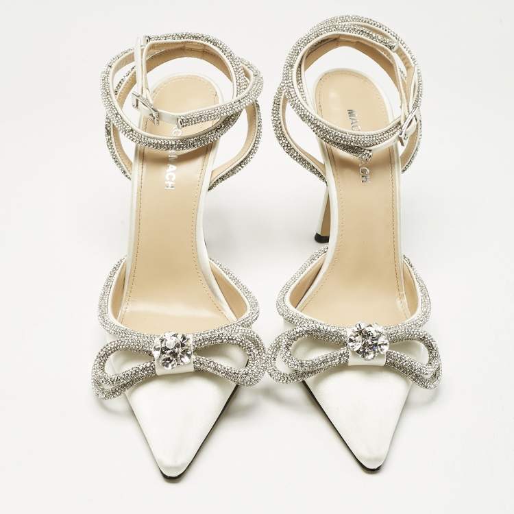Pre Owned Mach & Mach White Satin Double Bow Crystal Embellished Ankle Wrap Pumps Size 39