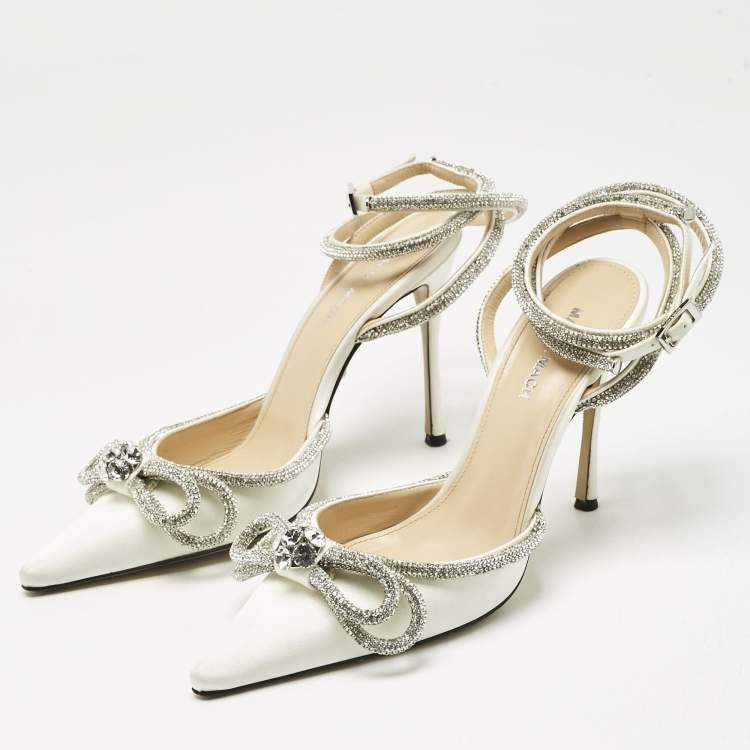 Pre Owned Mach & Mach White Satin Double Bow Crystal Embellished Ankle Wrap Pumps Size 39