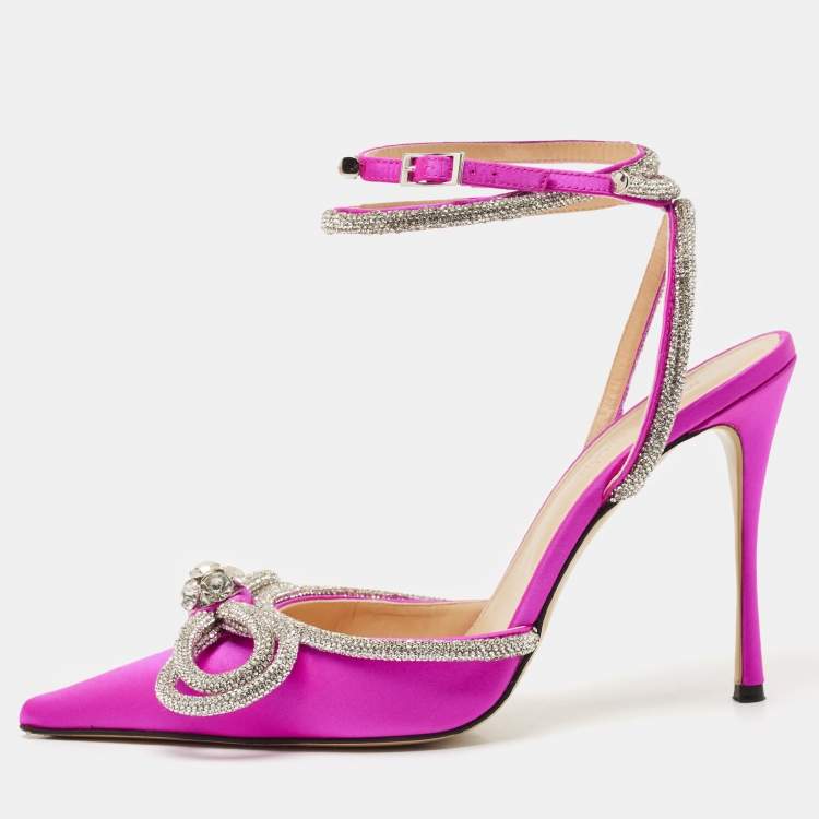 Pre Owned Mach & Mach Fuchsia Satin Double Bow Crystal Embellished Pumps Size 38