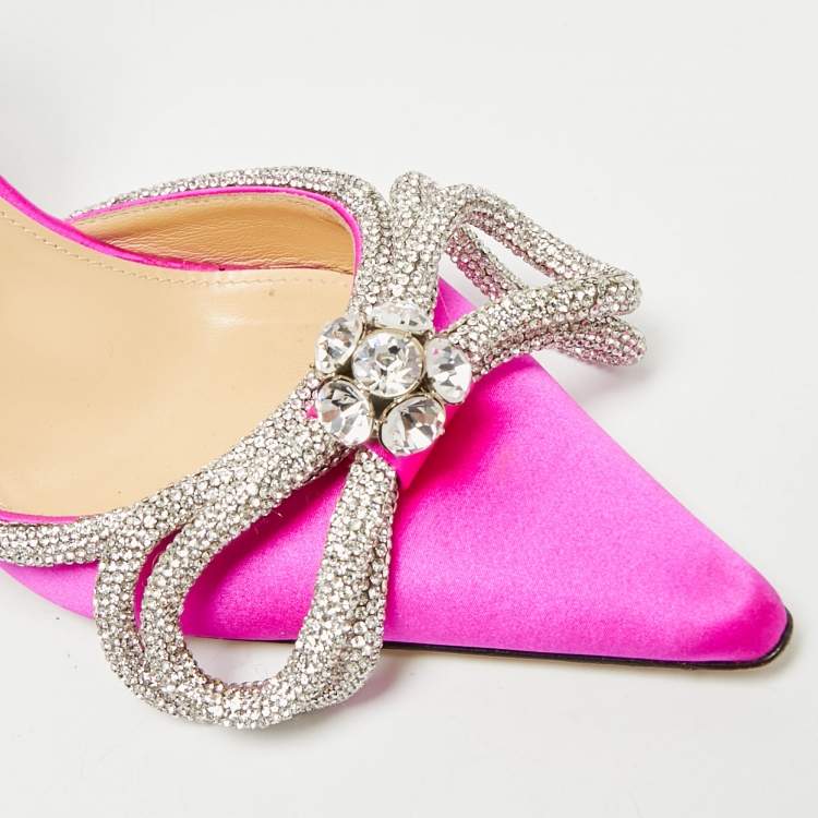 Pre Owned Mach & Mach Fuchsia Satin Double Bow Crystal Embellished Pumps Size 38