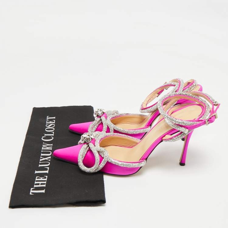 Pre Owned Mach & Mach Fuchsia Satin Double Bow Crystal Embellished Pumps Size 38