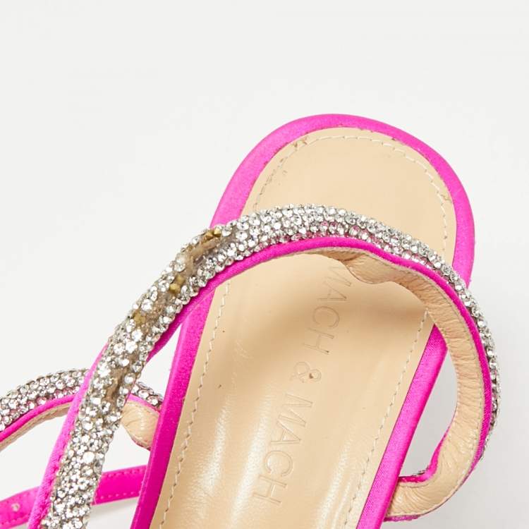 Pre Owned Mach & Mach Fuchsia Satin Double Bow Crystal Embellished Pumps Size 38