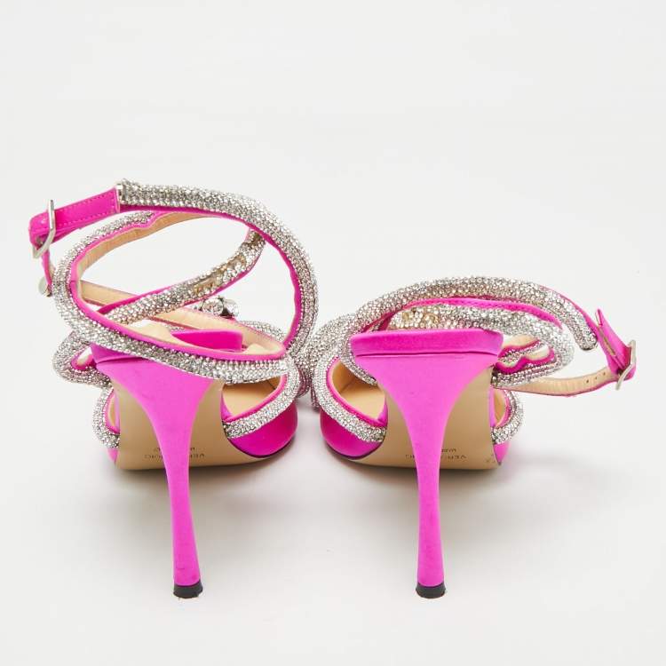 Pre Owned Mach & Mach Fuchsia Satin Double Bow Crystal Embellished Pumps Size 38