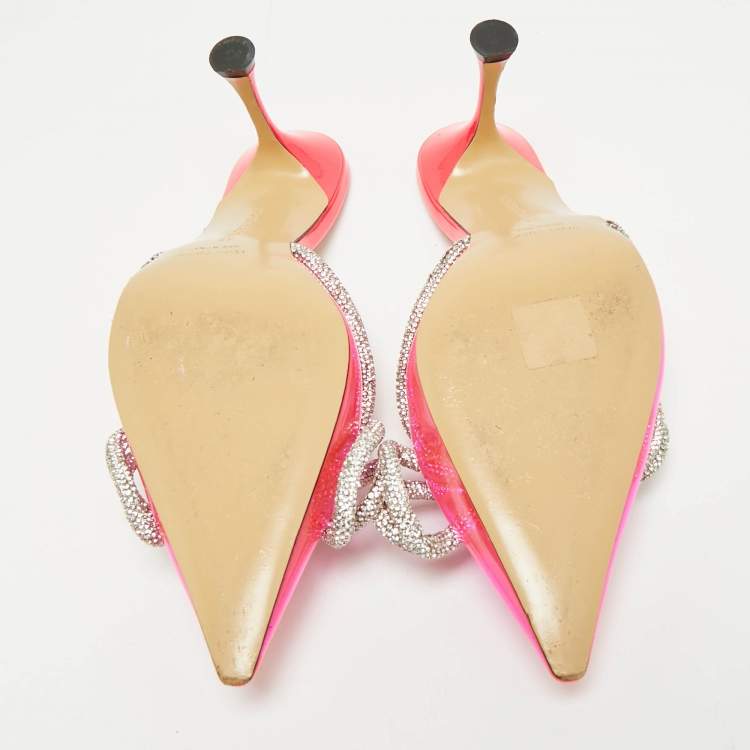 Pre Owned Mach & Mach Pink PVC Crystal Embellished Bow Mule Slides Size 39