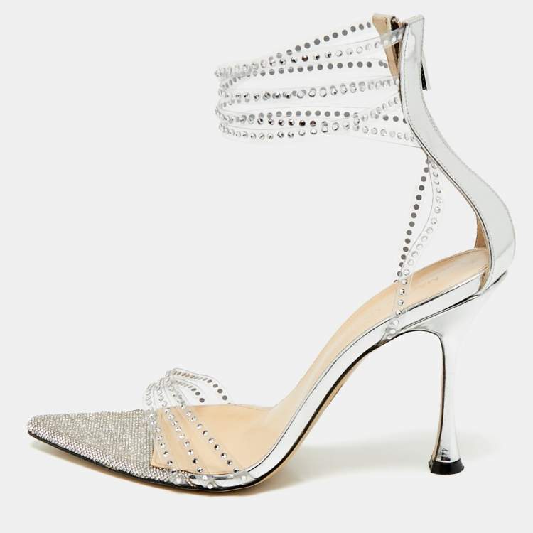 Pre Owned Mach & Mach Silver Leather and PVC Crystal Embellished Ankle Strap Sandals Size 39.5