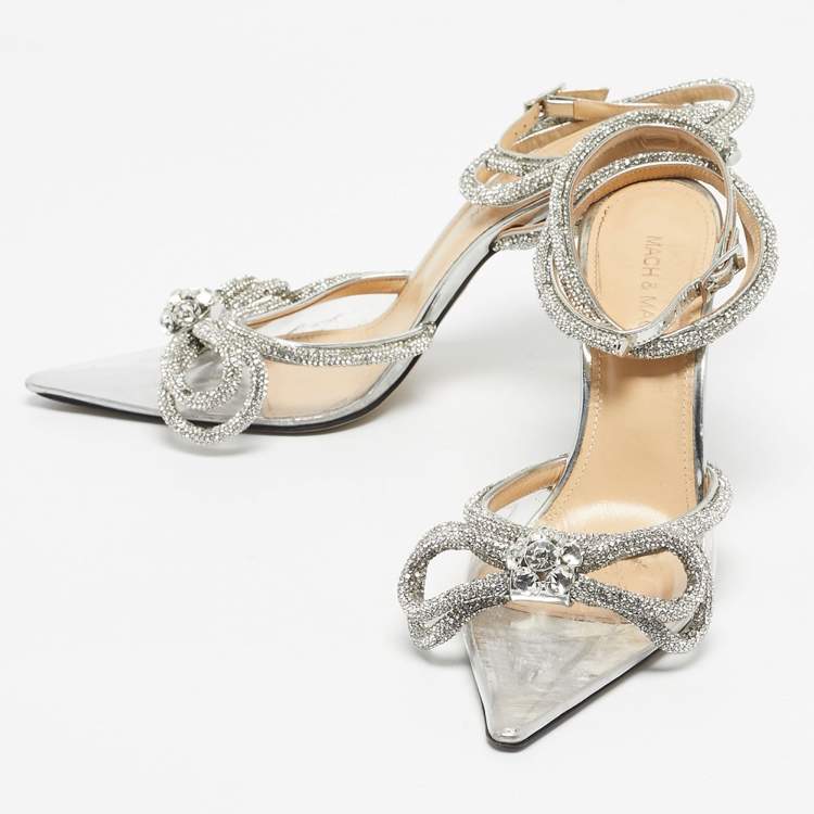 Pre Owned Mach & Mach Silver Leather and PVC Crystal Embellished Ankle Strap Sandals Size 38.5