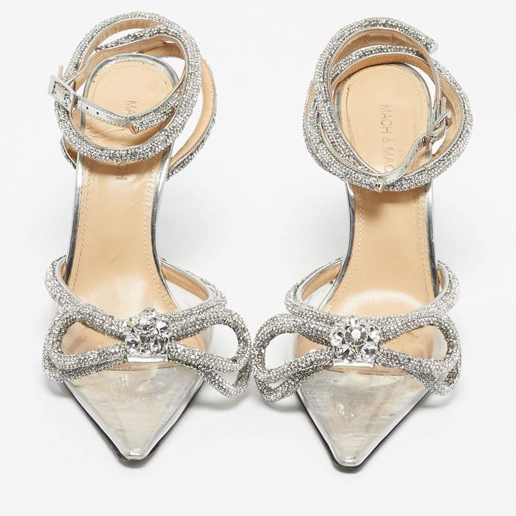 Pre Owned Mach & Mach Silver Leather and PVC Crystal Embellished Ankle Strap Sandals Size 38.5
