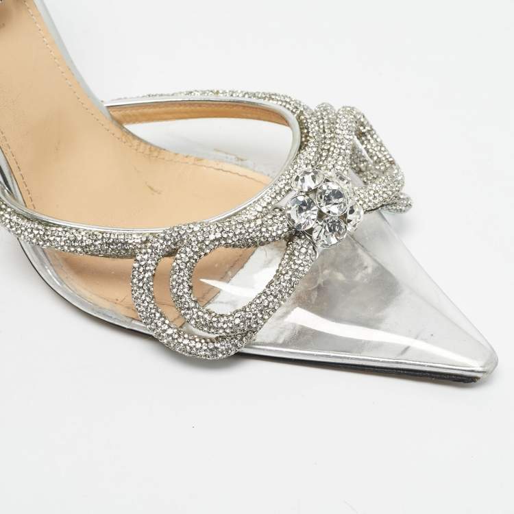 Pre Owned Mach & Mach Silver Leather and PVC Crystal Embellished Ankle Strap Sandals Size 38.5