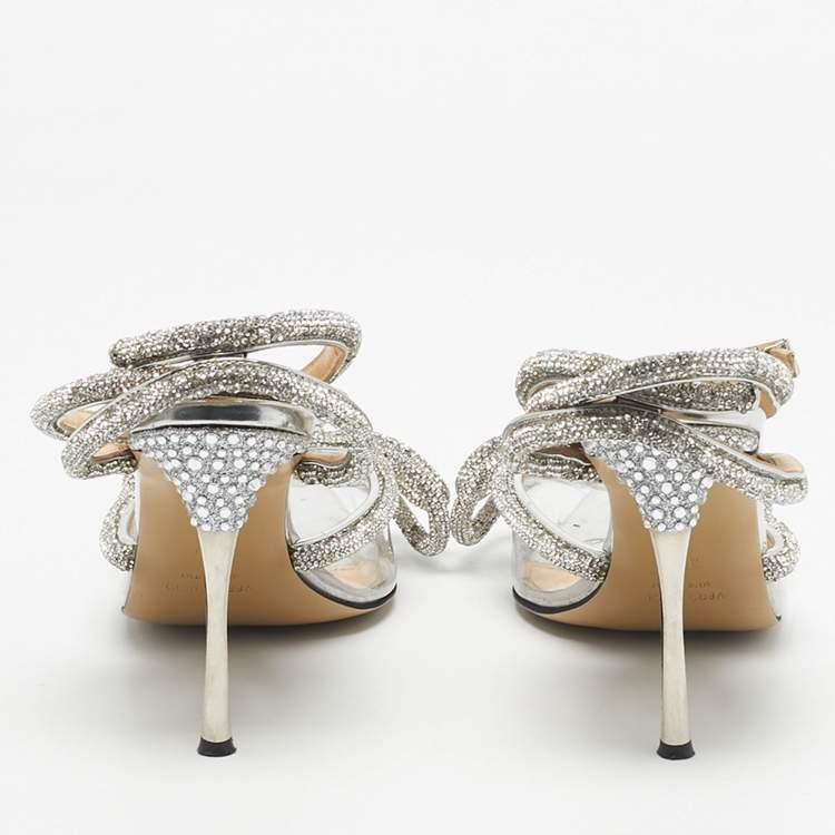 Pre Owned Mach & Mach Silver Leather and PVC Crystal Embellished Ankle Strap Sandals Size 38.5