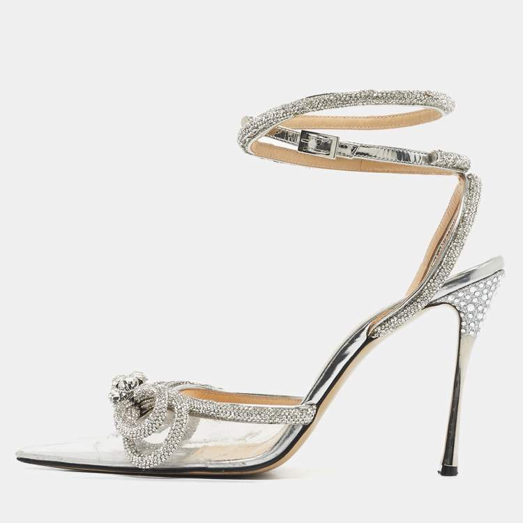 Pre Owned Mach & Mach Silver Leather and PVC Crystal Embellished Ankle Strap Sandals Size 38.5